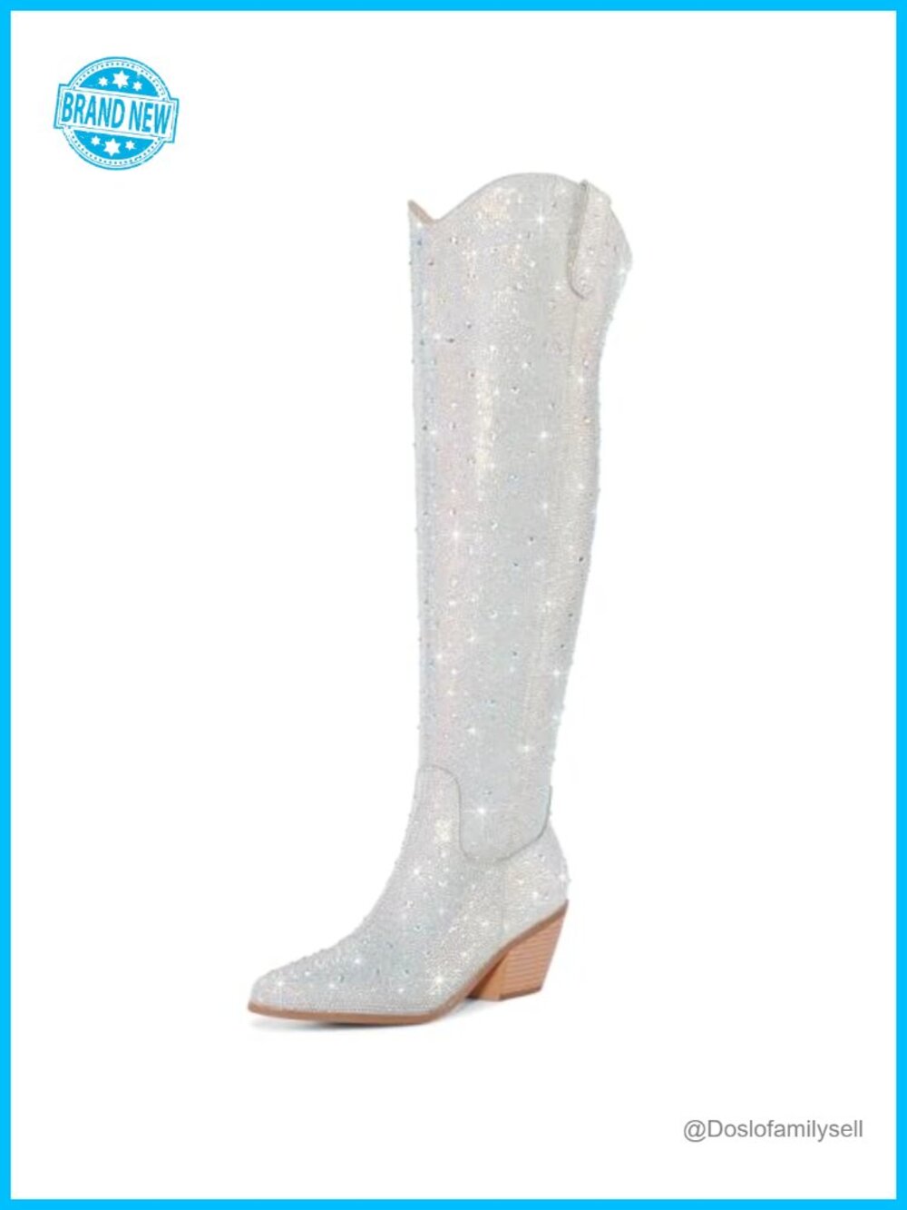 Rhinestone Over the Knee Chunky Heel Western Cowboy Boots Faux Leather